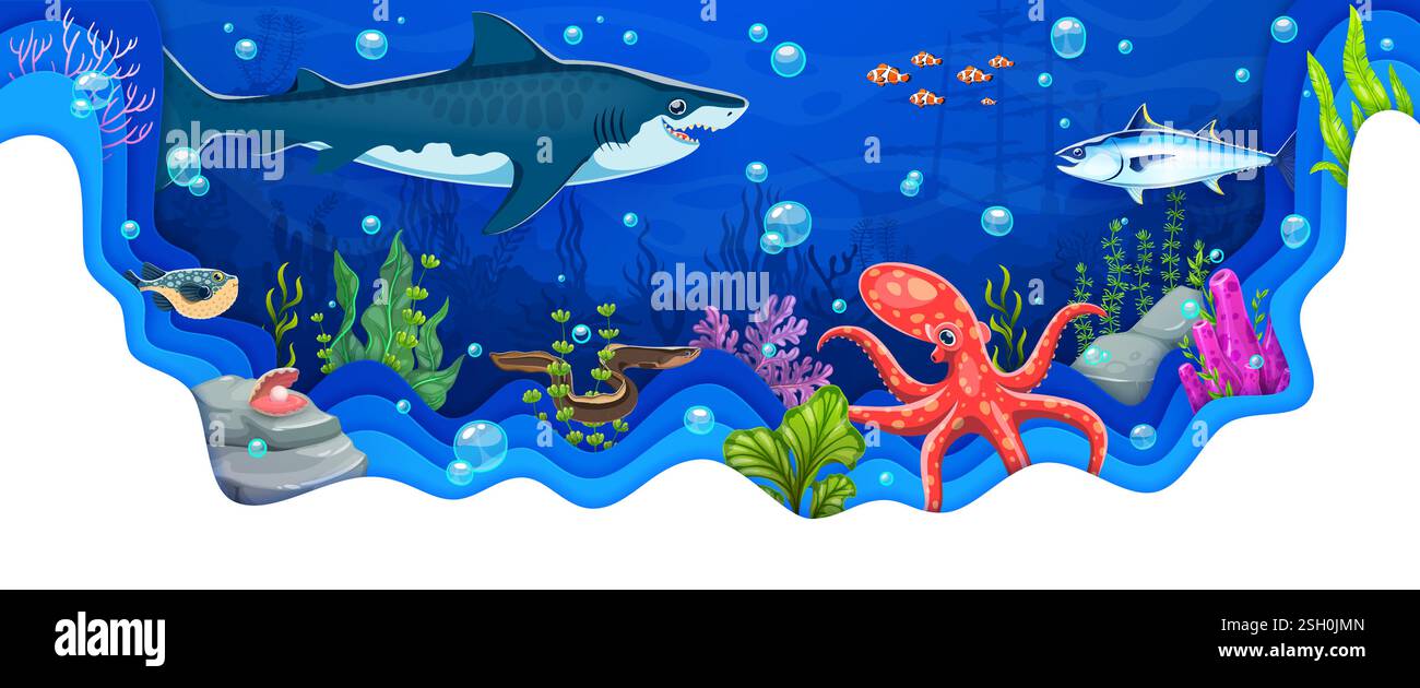 Cartoon paper cut underwater landscape banner with sea animals, sunken ...