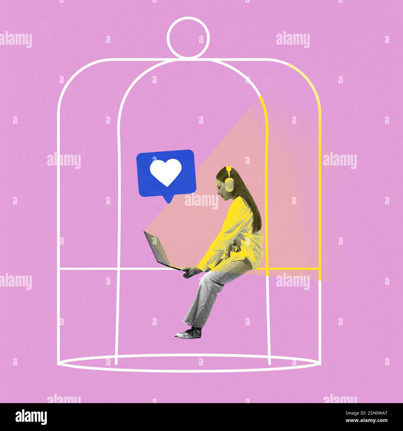 Creative artwork. Woman sits in invisible cage, looking at laptop ...