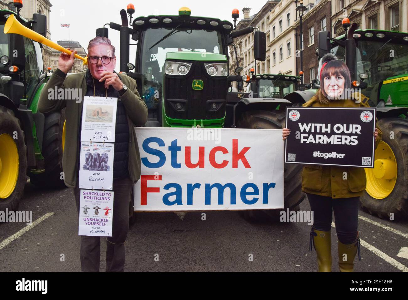 Rachel Reeves Mask London, England, UK. 10th Feb, 2025. Protesters wear Keir Starmer and ...
