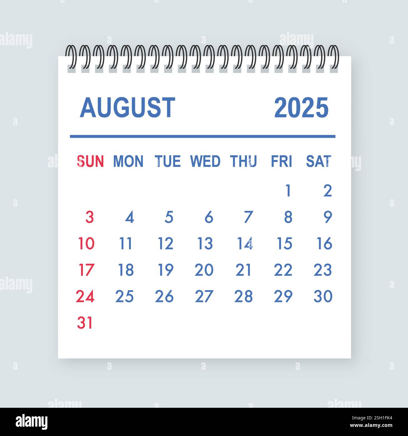 August 2025 calendar page showing days and weeks Stock Vector Image ...