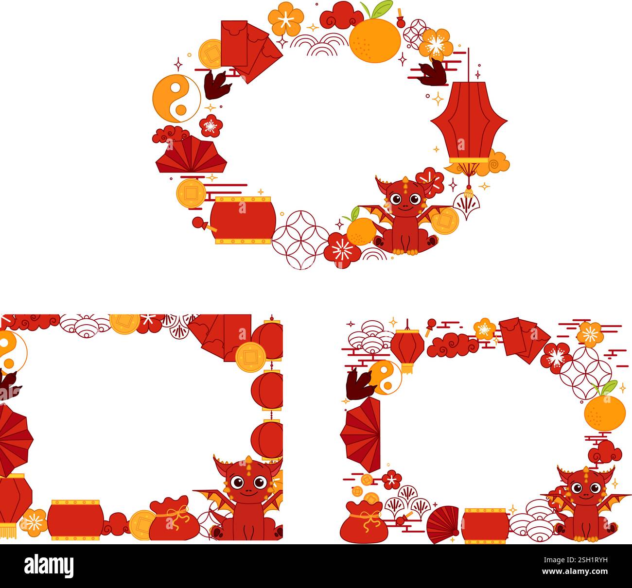 Happy Chinese new year 2036 red Dragon. Lunar lantern festival new year oval frame set for show product. Vector graphic line CNY lunar lantern festiva Stock Vector