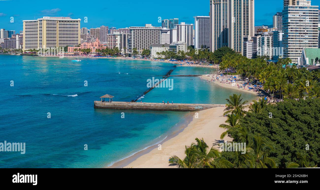 Aerial View of Waikiki Beach and Honolulu Skyline in Oahu, Hawaii Stock ...