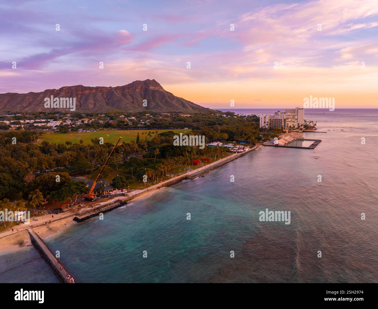 Aerial View of Waikiki Beach and Diamond Head Crater at Sunset Stock ...