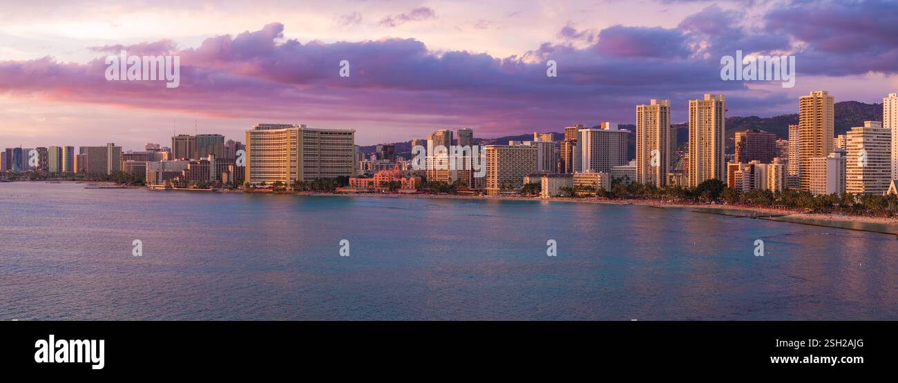 Aerial View of Waikiki Beach and Honolulu Skyline at Sunset Stock Photo ...