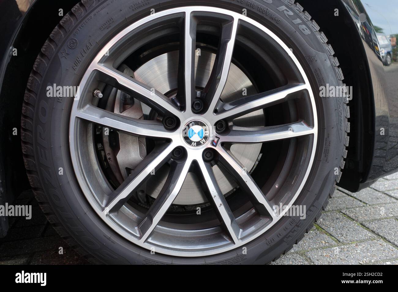 Hoofddorp, Netherlands Aug 14 2023 - The wheel of an expensive BMW: a ...
