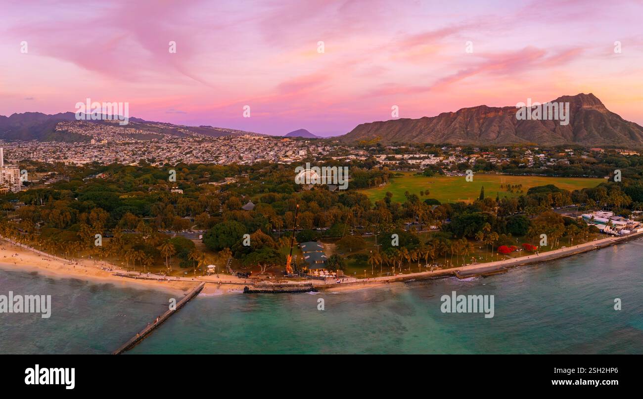 Aerial View of Waikiki Beach and Diamond Head Crater at Sunset Stock ...