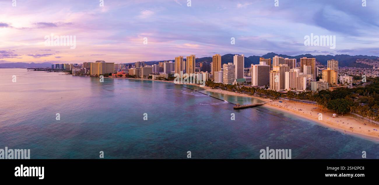 Aerial View of Waikiki Beach and Honolulu Skyline at Sunset Stock Photo ...