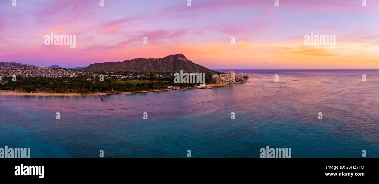 Aerial View of Waikiki Beach and Diamond Head Crater at Sunset Stock ...