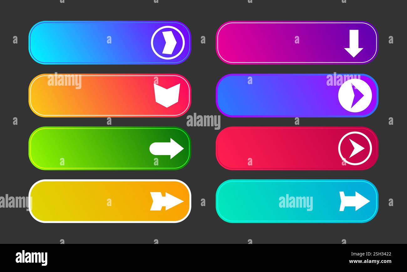 Colorful gradient buttons with arrows. Set of eight modern abstract web ...