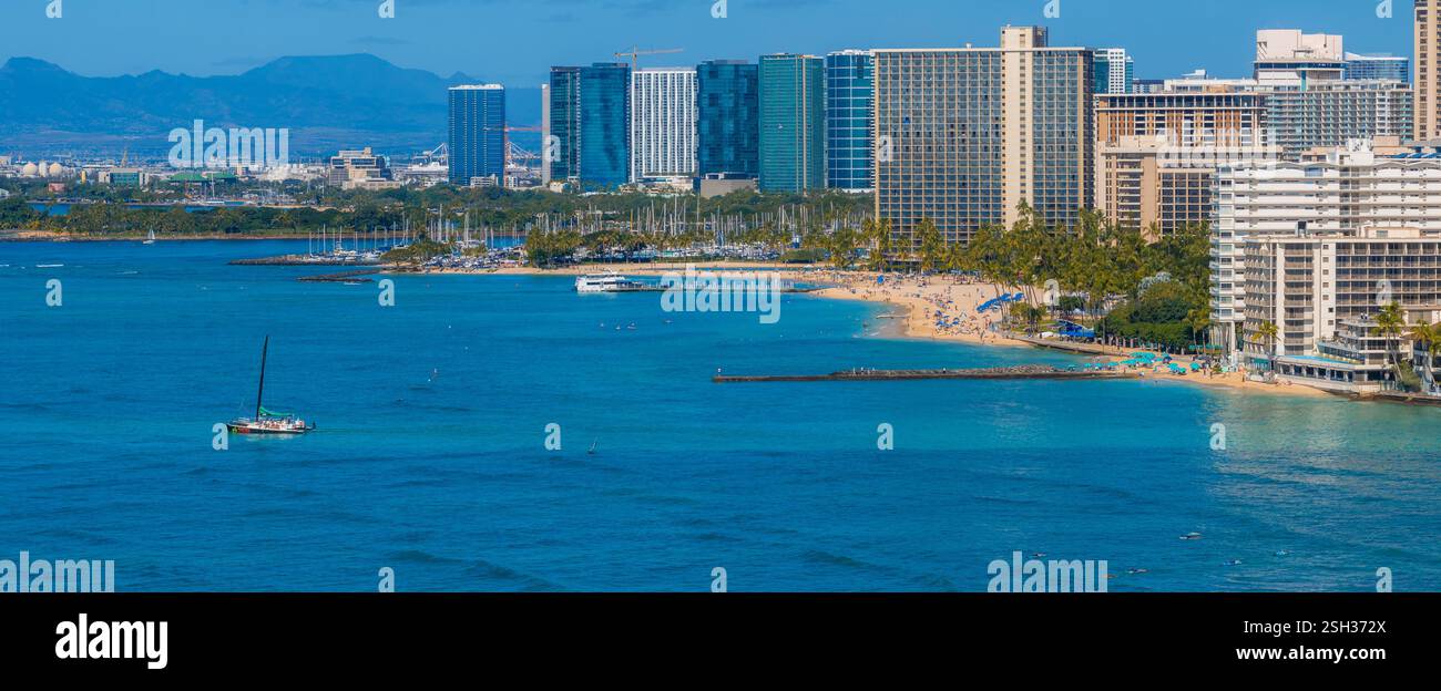 Aerial View of Waikiki Beach, Honolulu, Oahu, Hawaii at Sunset Stock ...