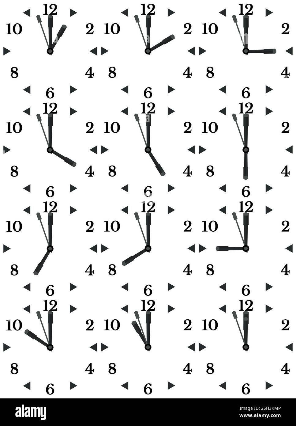 A set of mechanical clocks with an image of each of the twelve hours ...