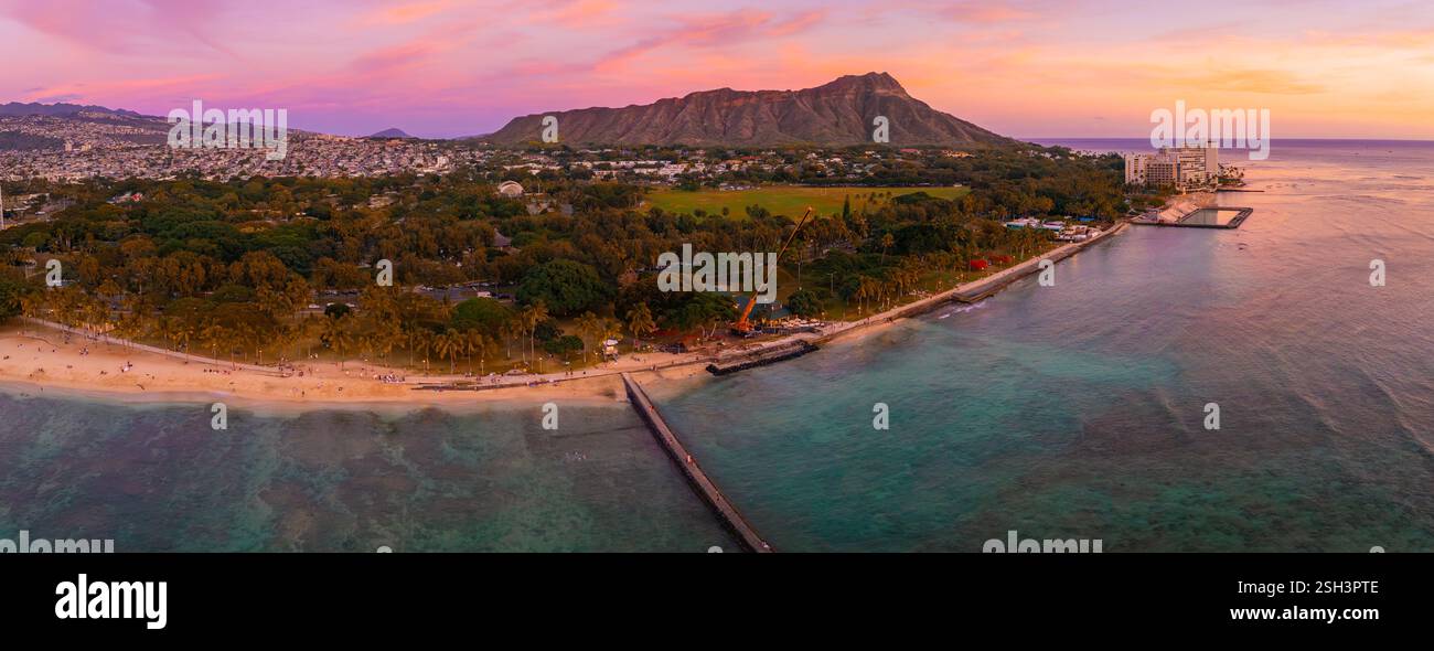 Aerial View of Waikiki Beach and Diamond Head Crater at Sunset Stock ...