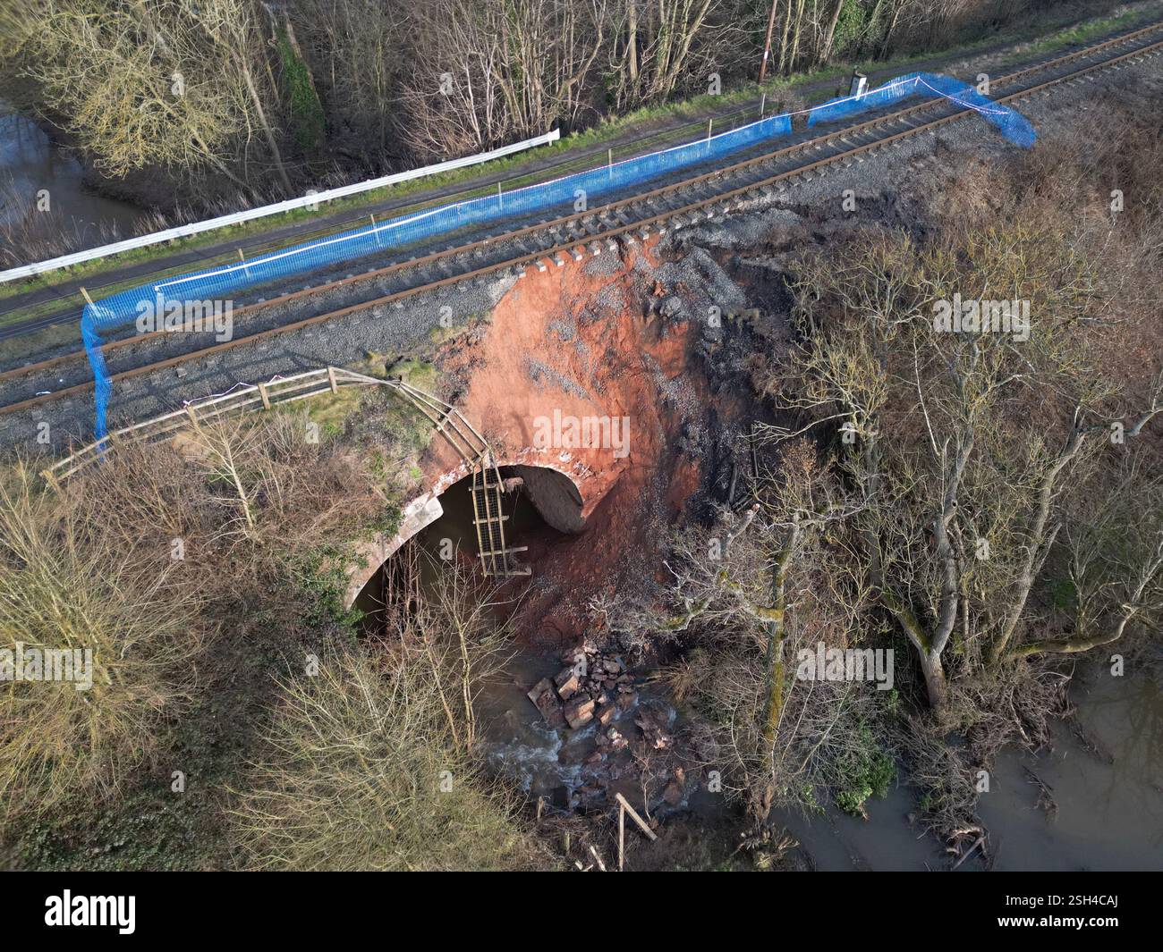 Drone view of the January 2025 major landslip and embankment collapse at Bridge 25, Sterns, Severn Valley Heritage Railway, Shropshire Stock Photo