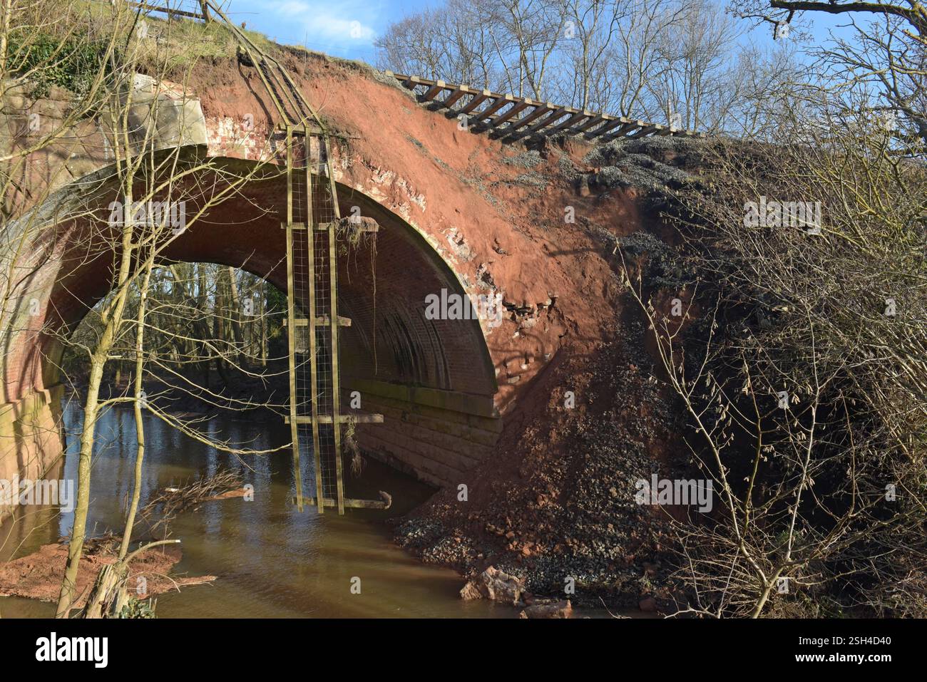 A major landslip and embankment collapse at Bridge 25, Sterns, Severn Valley Railway, Shropshire, January 2025 Stock Photo