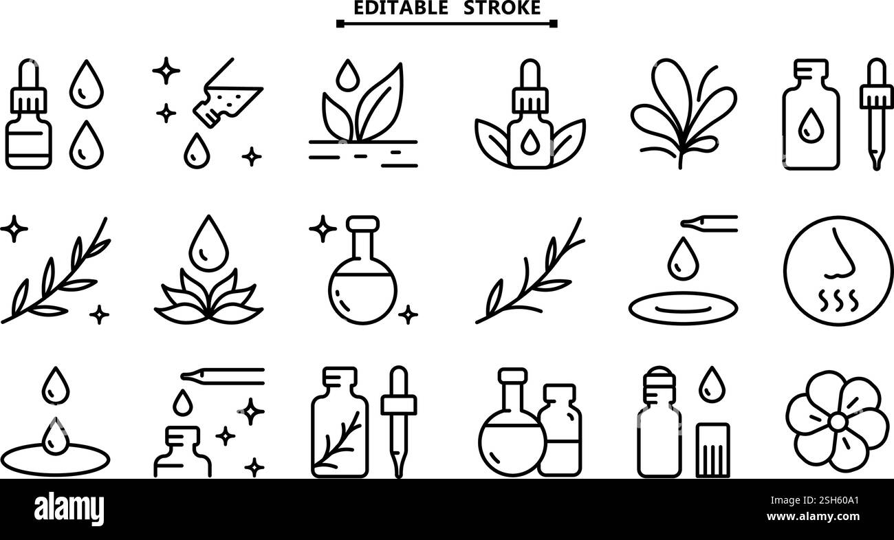 Essential oils aromatherapy icons set. Editable stroke. Collection of ...