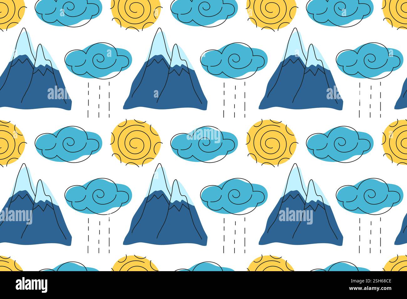 Colorful pattern featuring mountains, clouds, and sun with playful weather elements Stock Vector