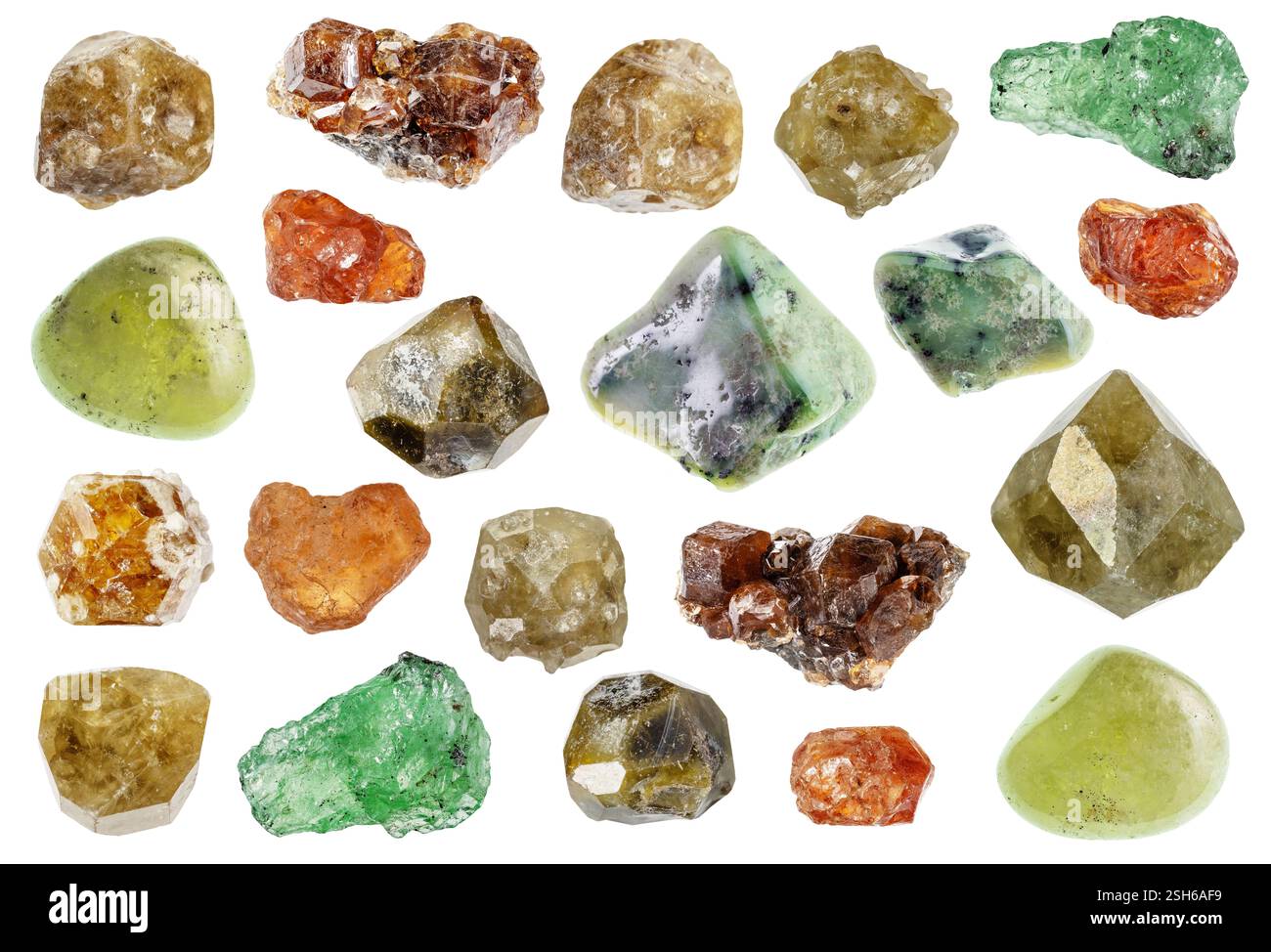 various specimens of uncut grossular rocks cutout on white background ...