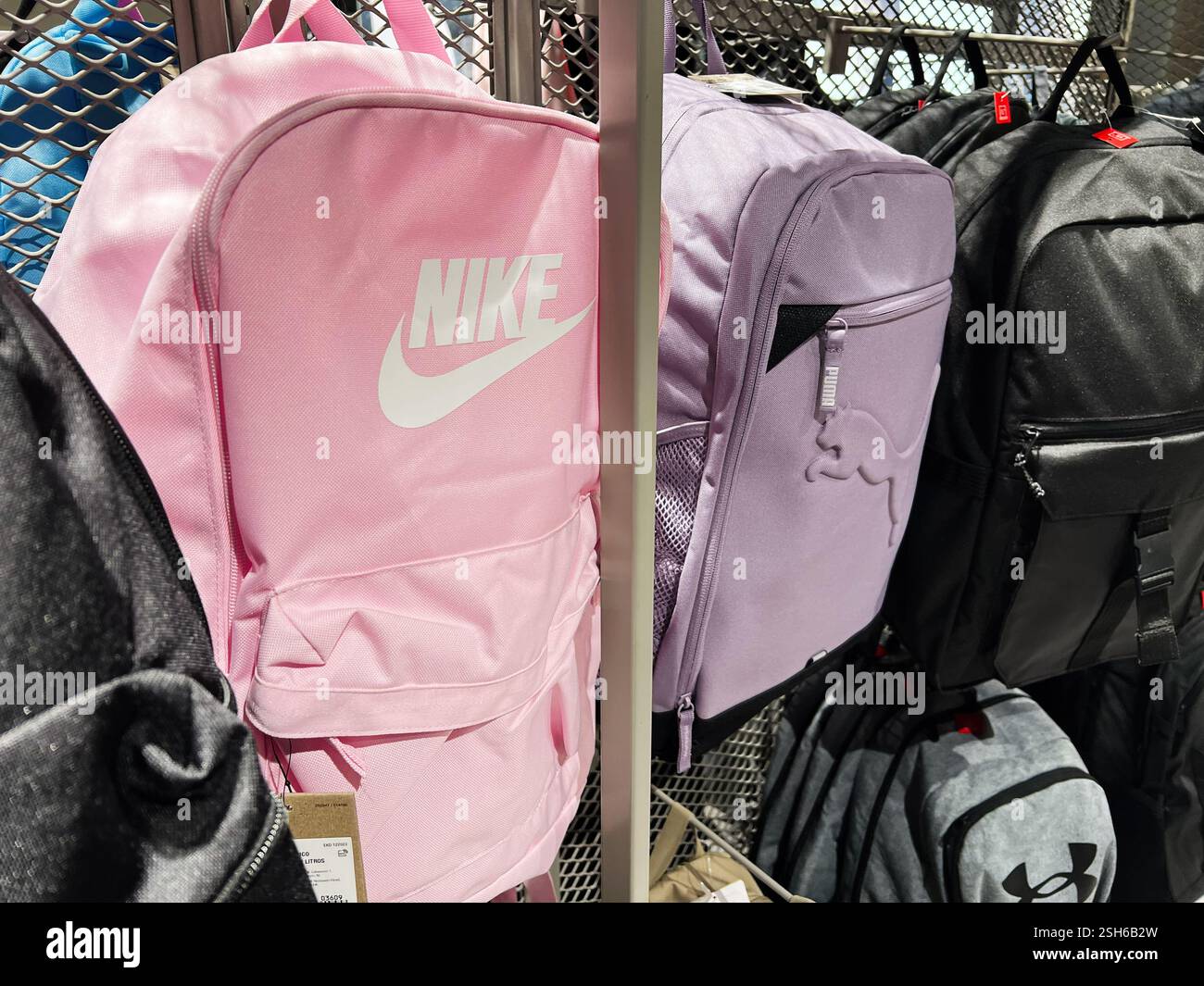 Kyiv, Ukraine - February 09, 2025: Various branded backpacks including ...