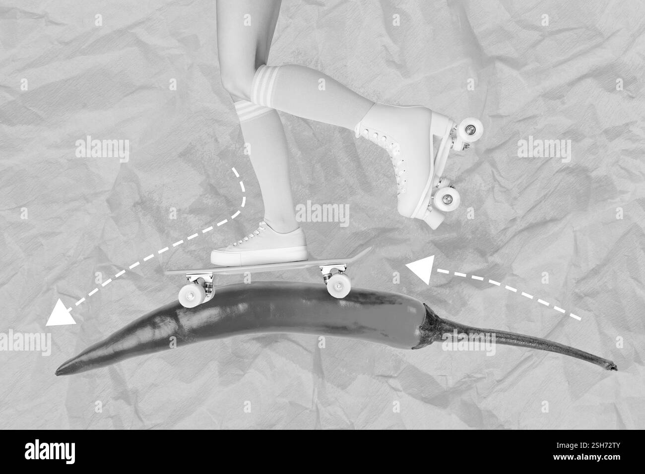 Creative artwork photo collage woman legs ride skateboard another rollerblades on huge red hot chilli pepper trajectory isolated on painted background Stock Photo