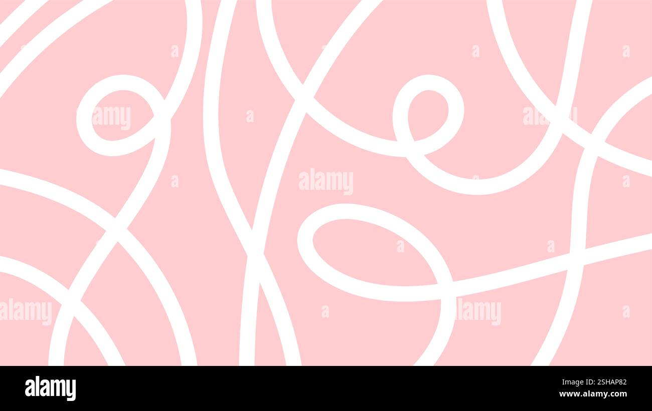 Wide abstract background with hand drawn white line, doodle. Horizontal banner with pink background Stock Vector