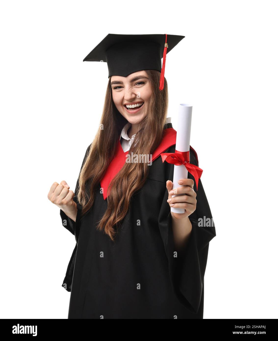 Happy student with diploma after graduation on white background Stock ...