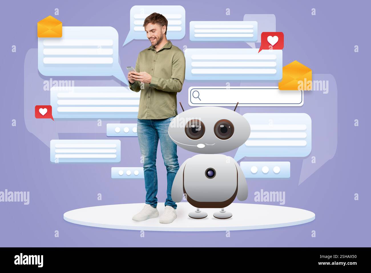 Engaging interaction with virtual assistant technology and communication tools Stock Photo