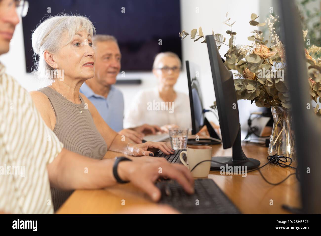 Old woman learning computer programs in training room Stock Photo
