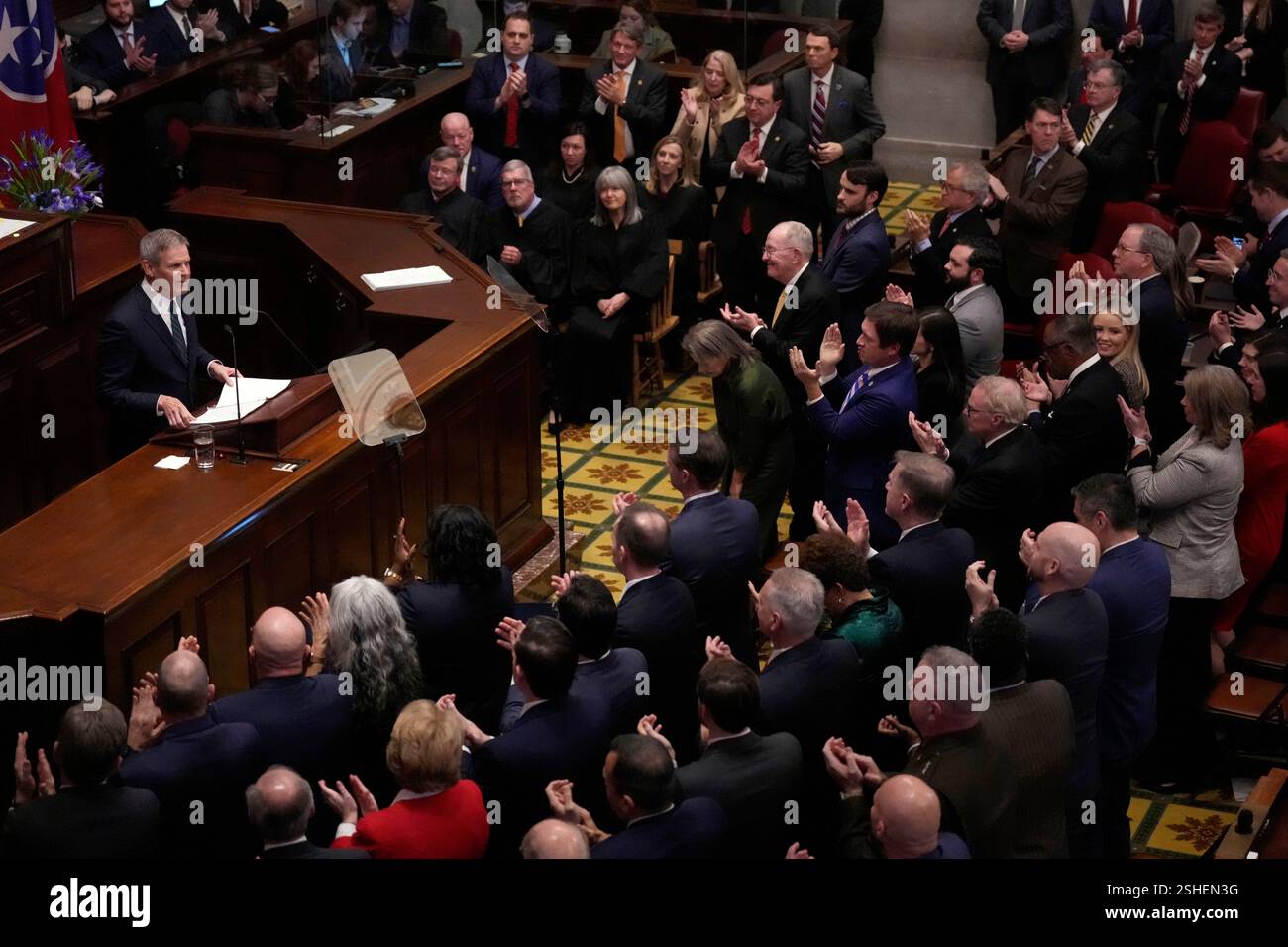 Governor Bill Lee, left, delivers his State of the State address Monday ...