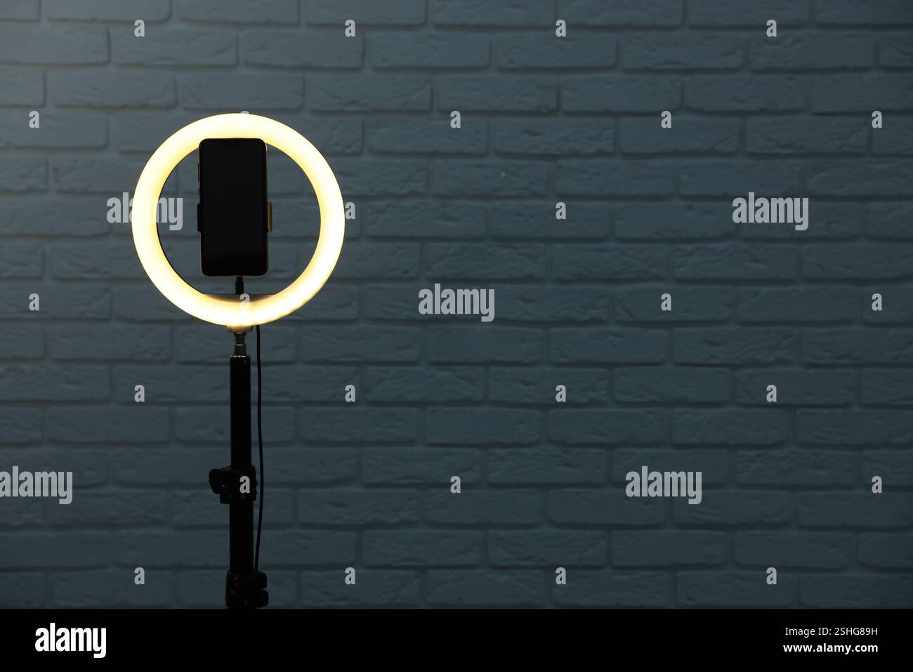 Ring lamp with smartphone against brick wall, space for text Stock Photo