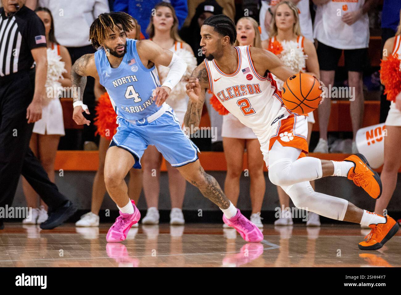 Clemson guard Dillon Hunter (2) drives against North Carolina guard RJ ...