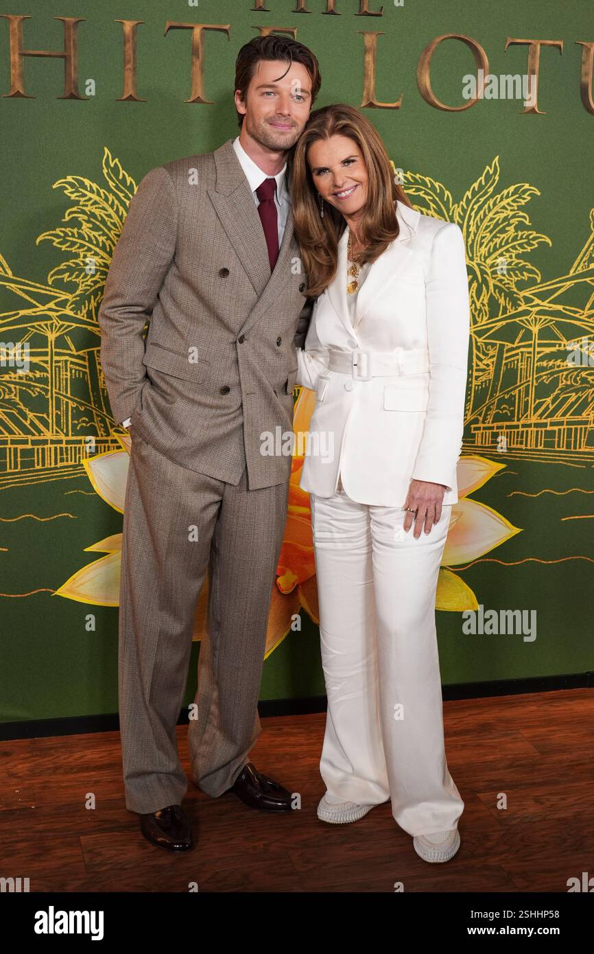 Patrick Schwarzenegger, left, and Maria Shriver arrive at the season