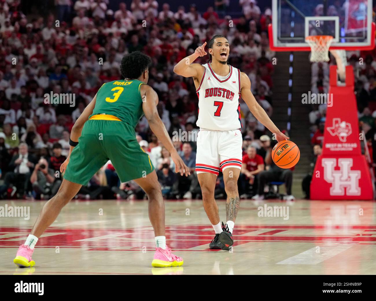 Houston, Texas, USA. 10th Feb, 2025. Houston guard MILOS UZAN (7) calls ...