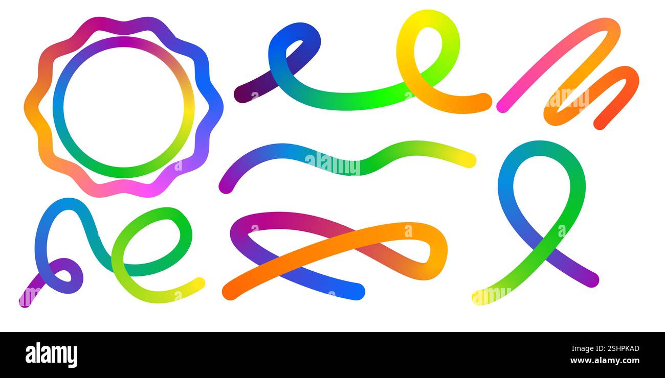 Abstract Color Rainbow Gradient Shapes Set. Vector Graphic with Wavy Lines in Bright Colors. Colorful Fluid Wave Pattern. Squiggly Design Elements. Stock Vector