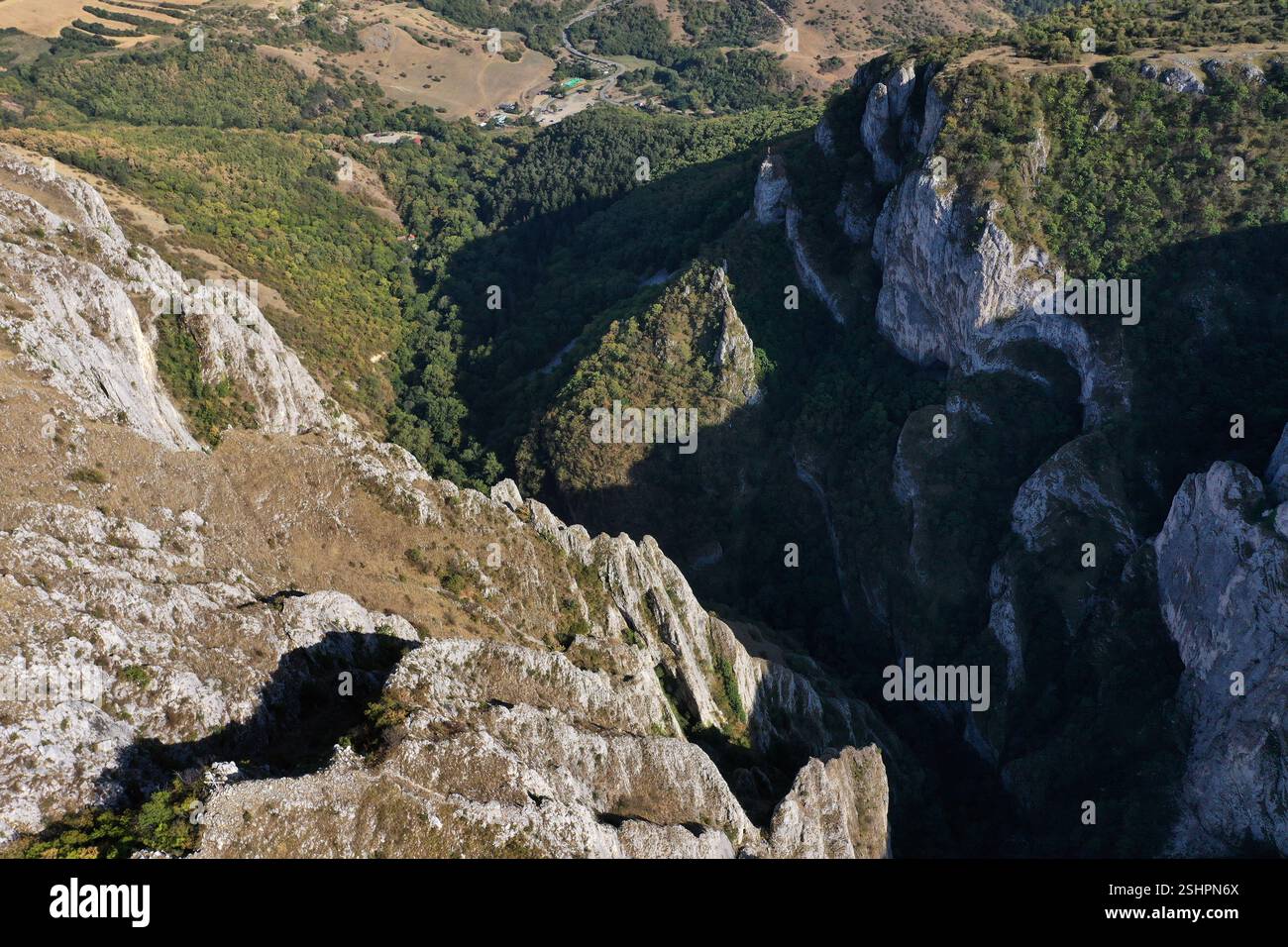 Cheile Aerial view of a deep limestone gorge, canyon. Cheile Turzii, Romania ...