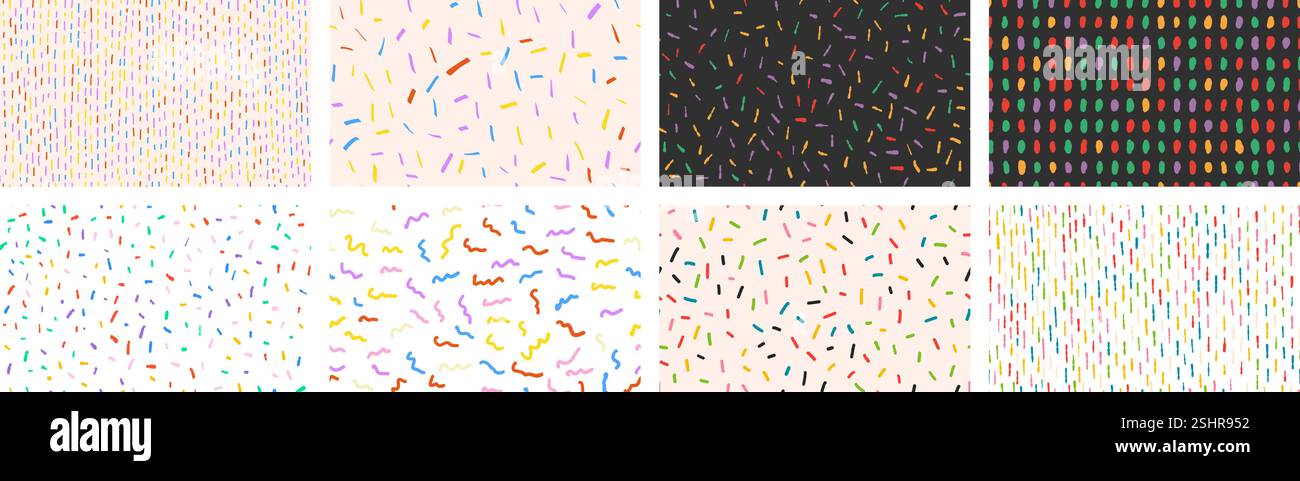 Set of colorful small dash seamless patterns. Hand drawn noise texture ...