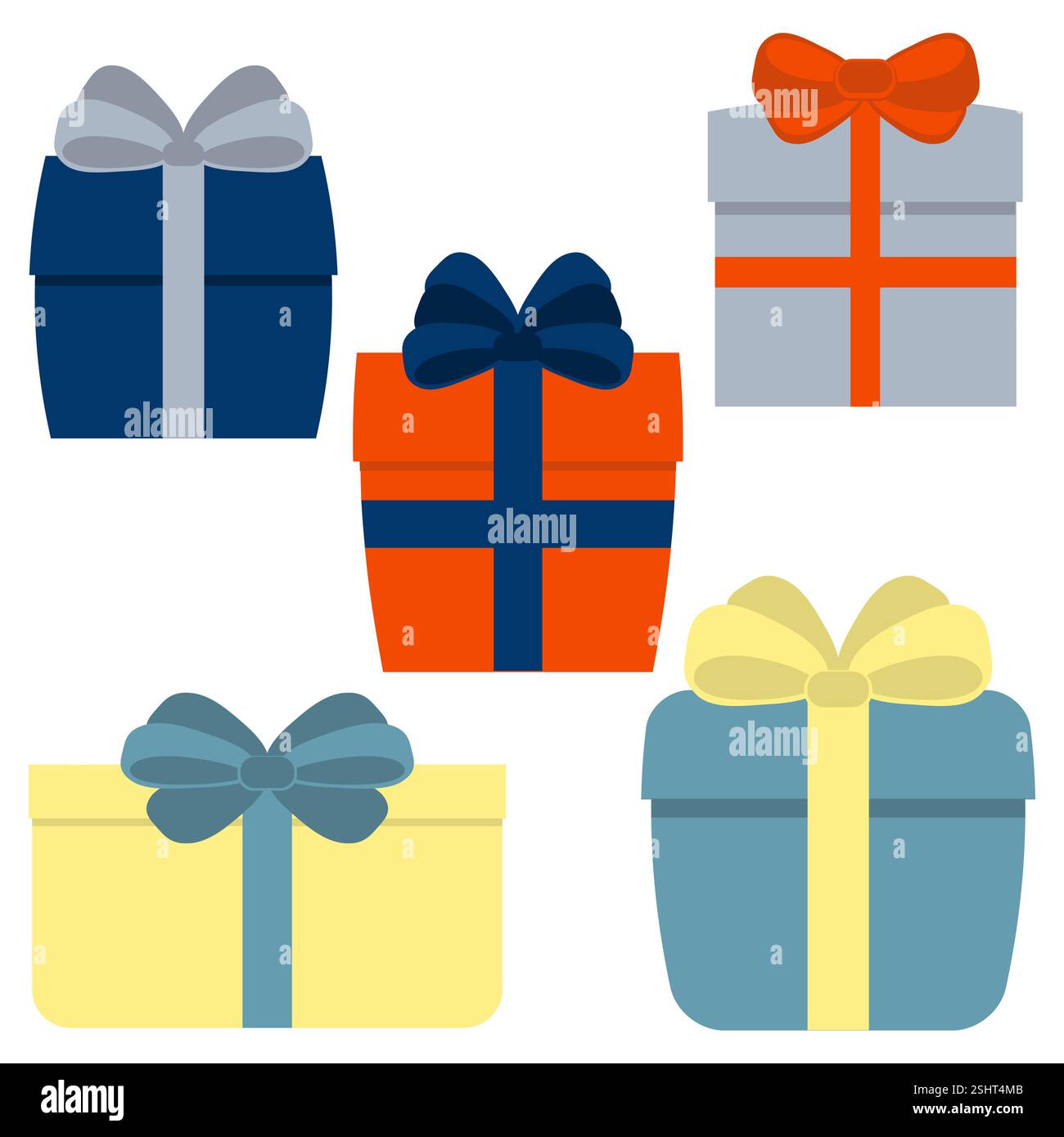 Collection of five multi colored gift boxes. Vector illustration Stock Vector