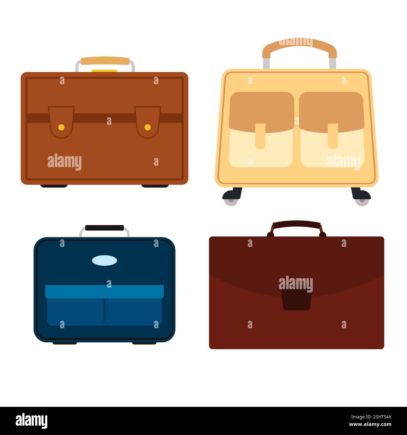 Set of four bags on white background. Suitcase for journey trip in flat style. Vector illustration Stock Vector