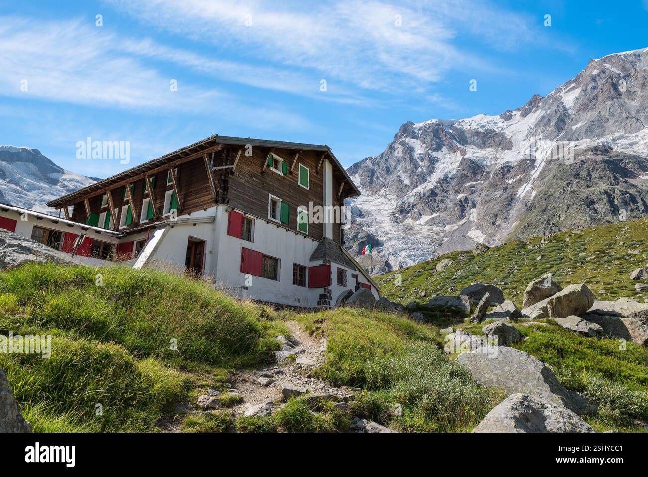 European Alps with the Monte Rosa glacier and a mountain hut at the ...