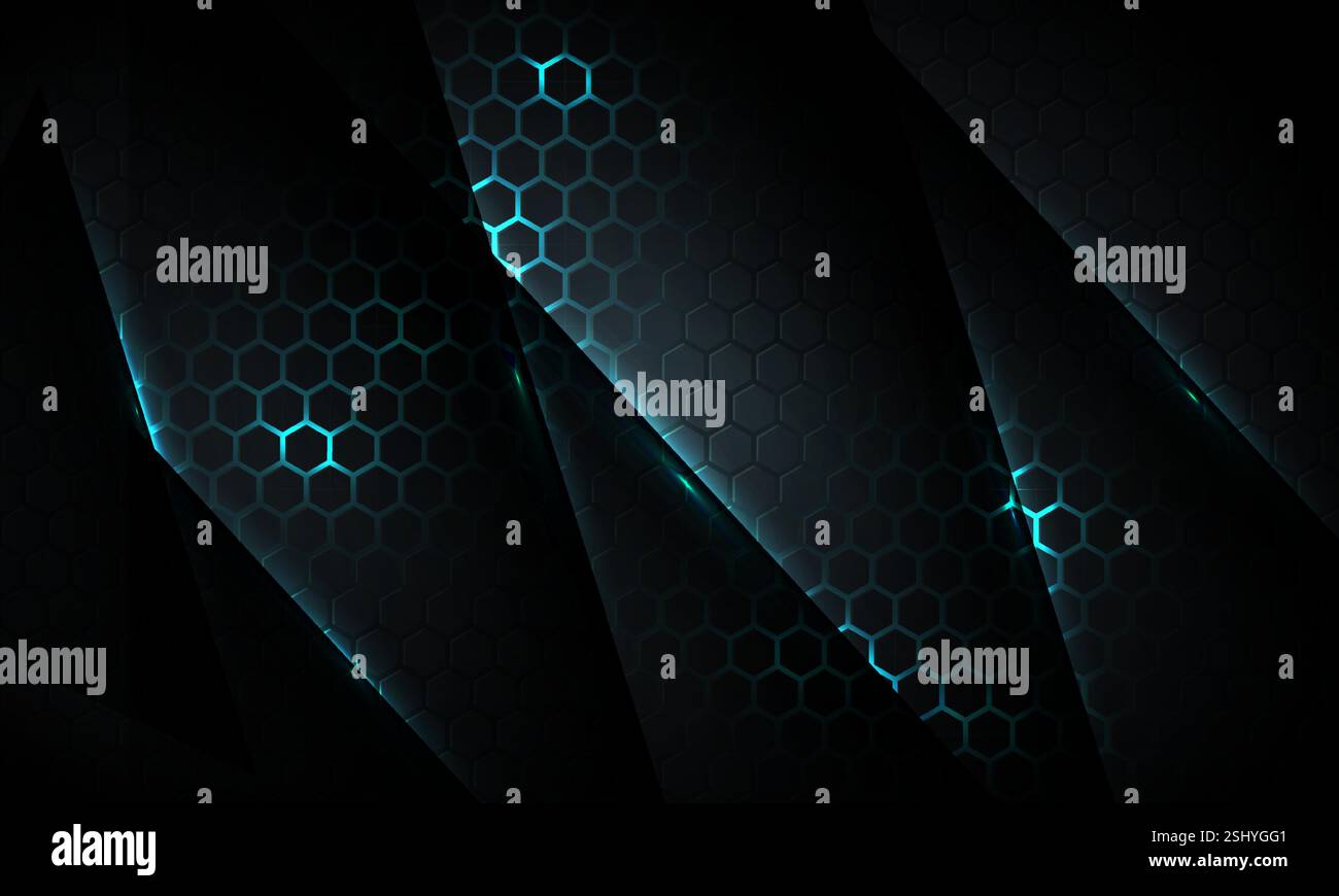 Dark hexagon gaming abstract vector background with blue colored bright ...