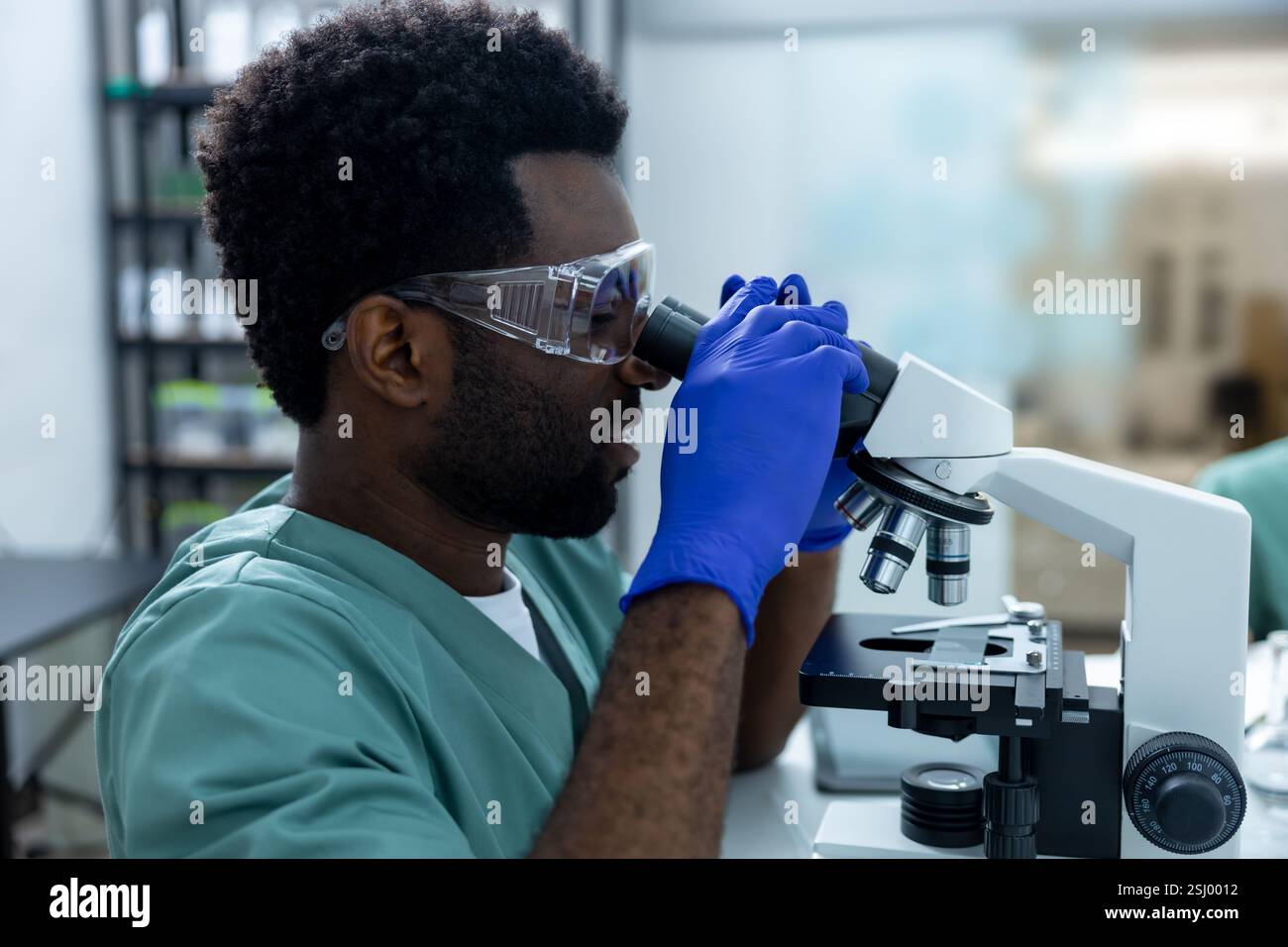 Male scientist looking under microscope inspecting petri dish Stock ...
