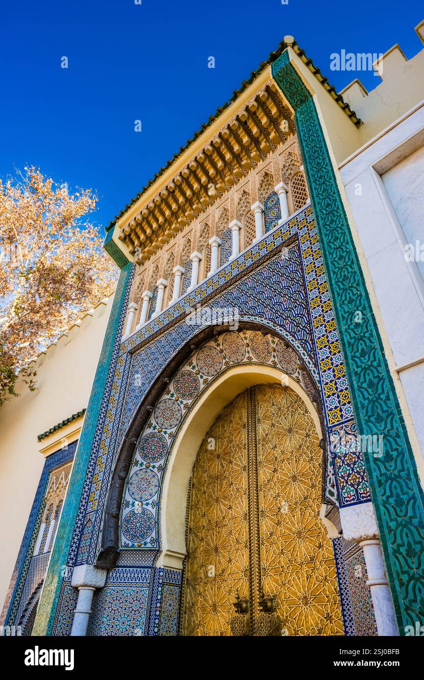 Looking up to the side gate of the Royal Palace of Fes, Fes, Morocco ...