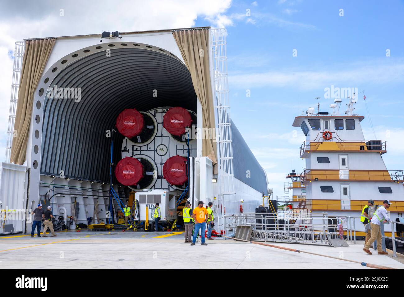 KENNEDY SPACE CENTER, FLORIDA, USA - 24 July 2024 - After completing its journey from NASA’s Michoud Assembly Facility in New Orleans aboard the Pegas Stock Photo
