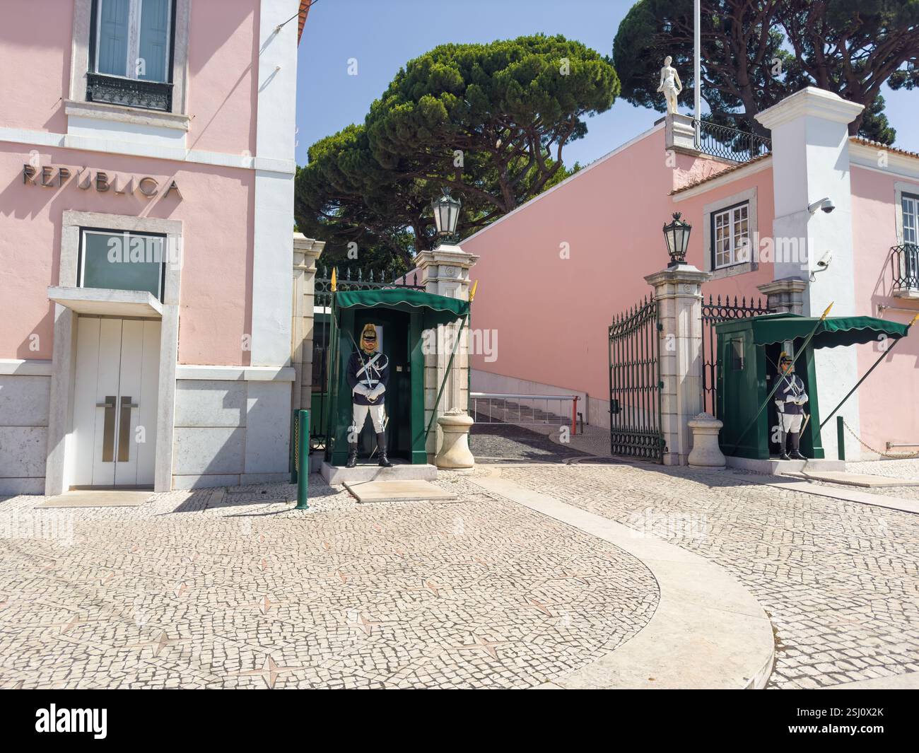Entrance gate to the National Palace of Belém in Lisbon, Portugal. Residence of the president of the Portuguese Republic, guarded by military sentries - Smartphone Captured Stock Image