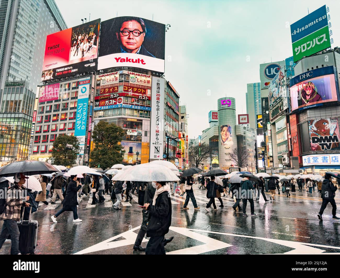 Shibuya Crossing in downtown Tokyo, Japan. The world’s busiest pedestrian crossing, Shibuya Scramble Crossing in heavy rain. - Smartphone Captured Stock Image