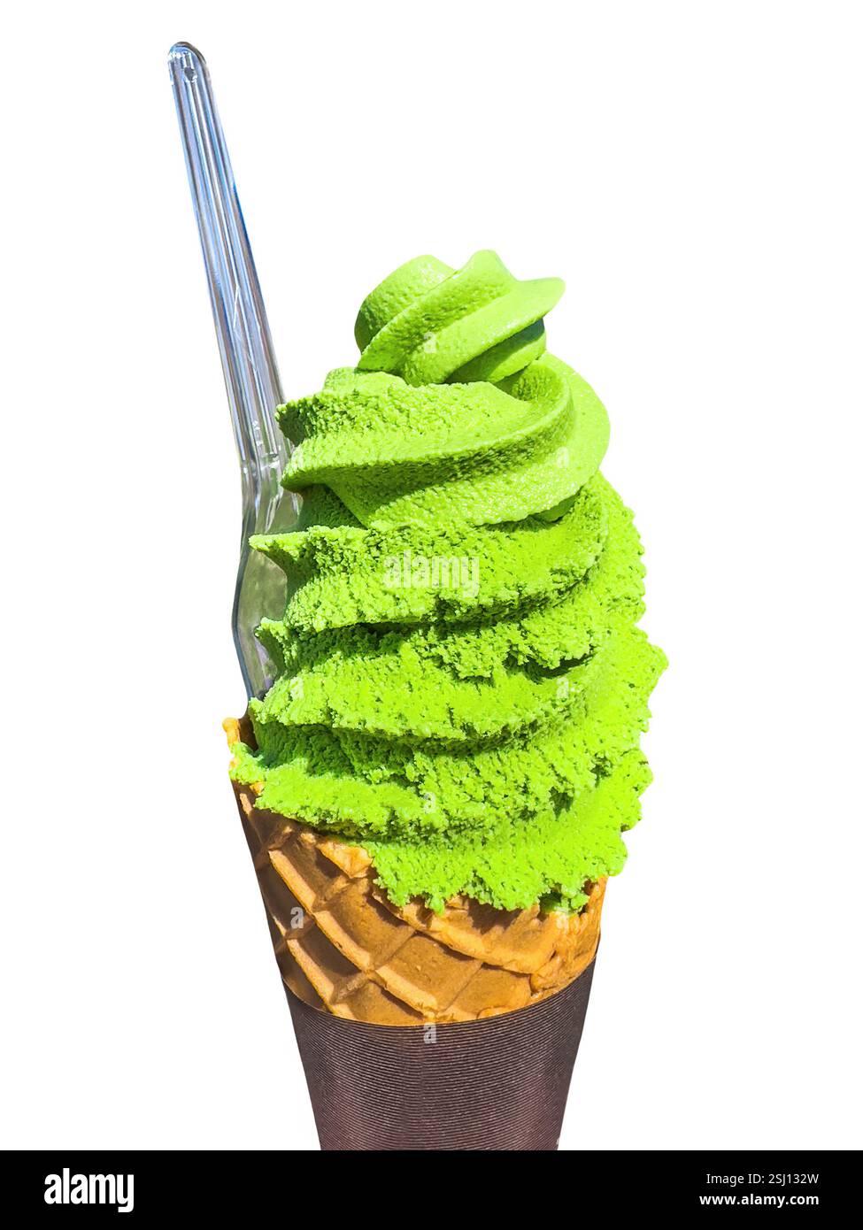 Japanese green tea Matcha ice cream cone. Matcha ice isolated on white background. Stock Photo