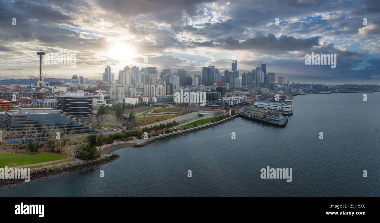 Aerial View of Seattle Skyline with Space Needle and Cargo Ship Stock ...