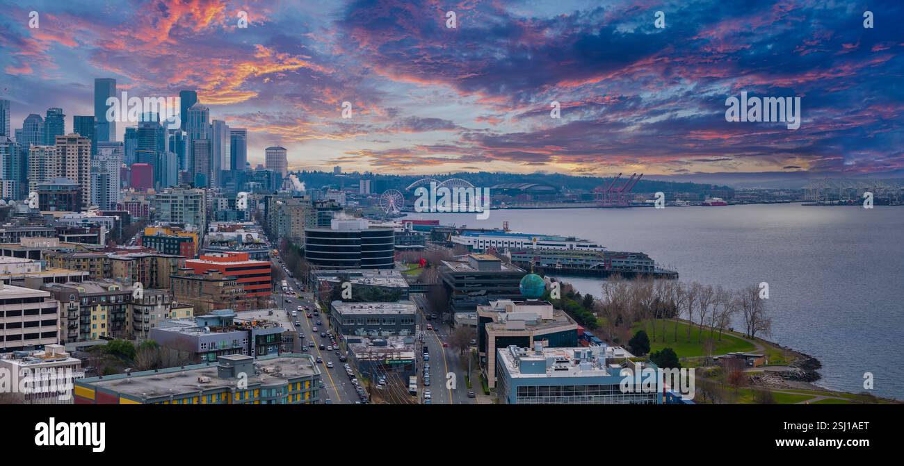 Aerial View of Seattle Skyline with Cargo Ship and Sunset Sky Stock ...