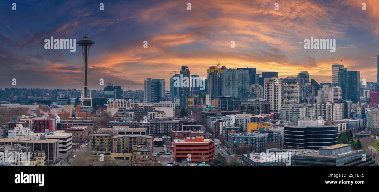 Aerial View of Seattle Skyline with Space Needle at Sunset Stock Photo ...
