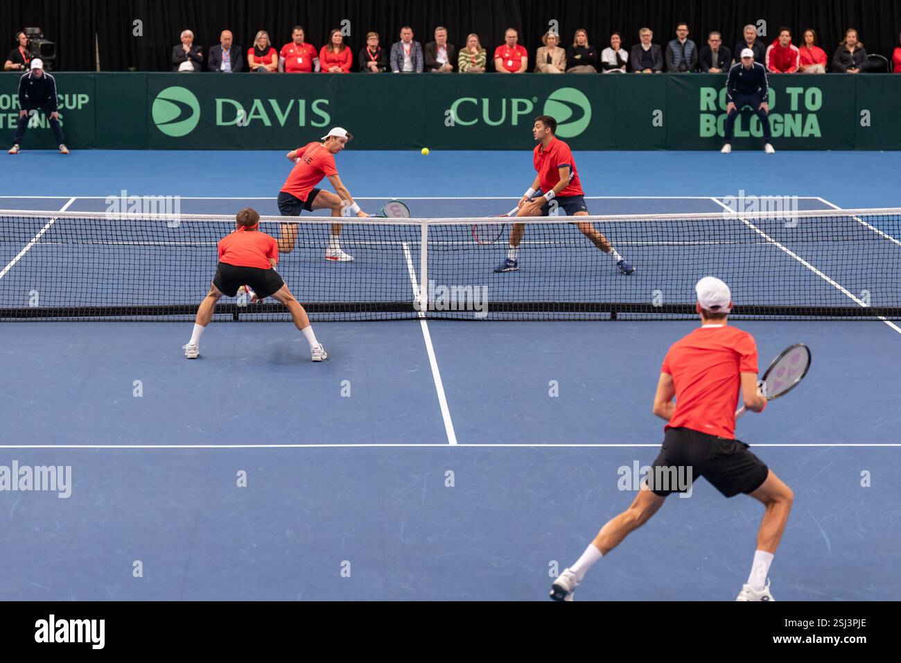 Hasselt, Belgium. 02nd Feb, 2025. HASSELT, BELGIUM - FEBRUARY 2: Joran Vliegen of Belgium, Sander Gille of Belgium, Nicolas Jarry of Chile and Tomas Barrios Vera of Chile during Day One of the 2025 Davis Cup Qualifiers First Round at Sporthal Alverberg on February 2, 2025 in Hasselt, Belgium. (Photo by Marleen Fouchier/BSR Agency) Credit: BSR Agency/Alamy Live News Stock Photo