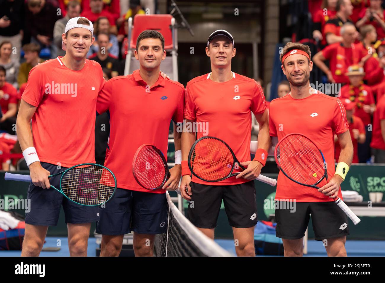Hasselt, Belgium. 02nd Feb, 2025. HASSELT, BELGIUM - FEBRUARY 2: Joran Vliegen of Belgium, Sander Gille of Belgium, Nicolas Jarry of Chile and Tomas Barrios Vera of Chile during Day One of the 2025 Davis Cup Qualifiers First Round at Sporthal Alverberg on February 2, 2025 in Hasselt, Belgium. (Photo by Marleen Fouchier/BSR Agency) Credit: BSR Agency/Alamy Live News Stock Photo